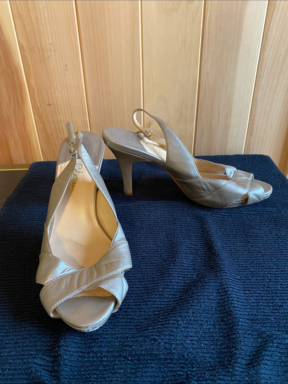 Cole Haan Silvery Bronze Slingback Peep-Toe Heels